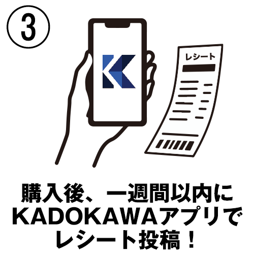 3、購入後、1週間以内にKADOKAWAアプリでレシート投稿！