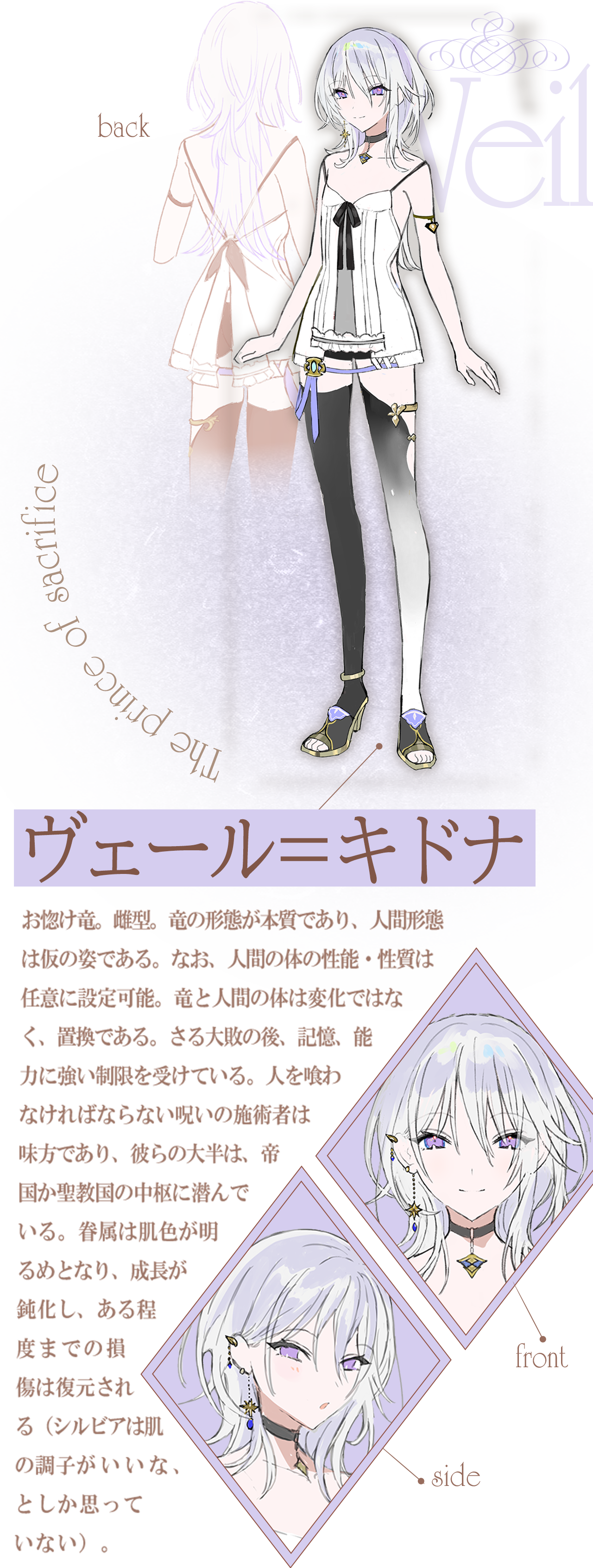【ヴェール＝キドナ】お惚け竜。雌型。竜の形態が本質であり、人間形態は仮の姿である。なお、人間の体の性能・性質は任意に設定可能。竜と人間の体は変化ではなく、置換である。さる大敗の後、記憶、能力に強い制限を受けている。人を喰わなければならない呪いの施術者は味方であり、彼らの大半は、帝国か聖教国の中枢に潜んでいる。眷属は肌色が明るめとなり、成長が鈍化し、ある程度までの損傷は復元される（シルビアは肌の調子がいいな、としか思っていない）。