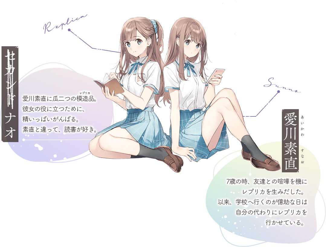 セカンド ナオ:愛川素直に瓜二つの模造品。彼女の役に立つために、精いっぱいがんばる。素直と違って、読書が好き。/ 愛川素直(あいかわ すなお):7歳の時、友達との喧嘩を機にレプリカを生みだした。以来、学校へ行くのが億劫な日は自分の代わりにレプリカを行かせている。