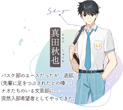 真田秋也(さなだ しゅうや):バスケ部のエースだったが、退部。(先輩に足をつぶされたとの噂…。)ナオたちのいる文芸部に、突然入部希望者としてやってきた。