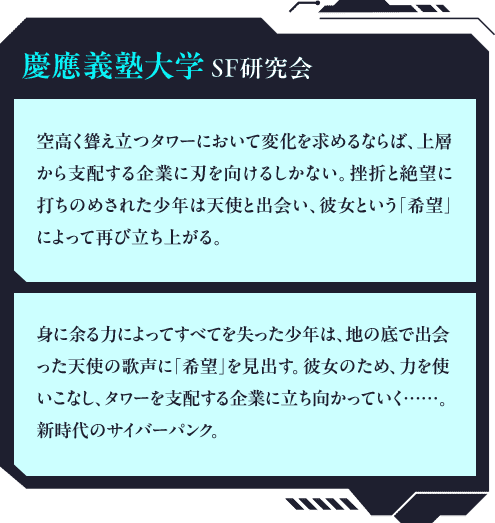 慶應義塾大学SF研究会 空高く聳え立つタワーにおいて変化を求めるならば、上層から支配する企業に刃を向けるしかない。挫折と絶望に打ちのめされた少年は天使と出会い、彼女という「希望」によって再び立ち上がる。身に余る力によってすべてを失った少年は、地の底で出会った天使の歌声に「希望」を見出す。彼女のため、力を使いこなし、タワーを支配する企業に立ち向かっていく……。新時代のサイバーパンク。
