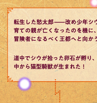 転生した愁太郎——改め少年シウは、育ての親が亡くなったのを機に、冒険者になるべく王都へと向かう。道中でシウが拾った卵石が孵り、中から猫型騎獣が生まれた！