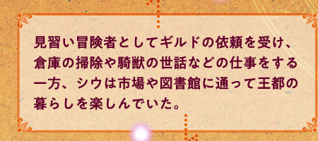 見習い冒険者としてギルドの依頼を受け、倉庫の掃除や騎獣の世話などの仕事をする一方、シウは市場や図書館に通って王都の暮らしを楽しんでいた。