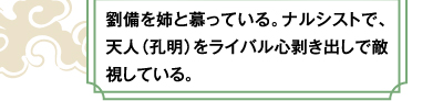 劉備を姉と慕っている。ナルシストで、天人（孔明）をライバル心剥き出しで敵視している。