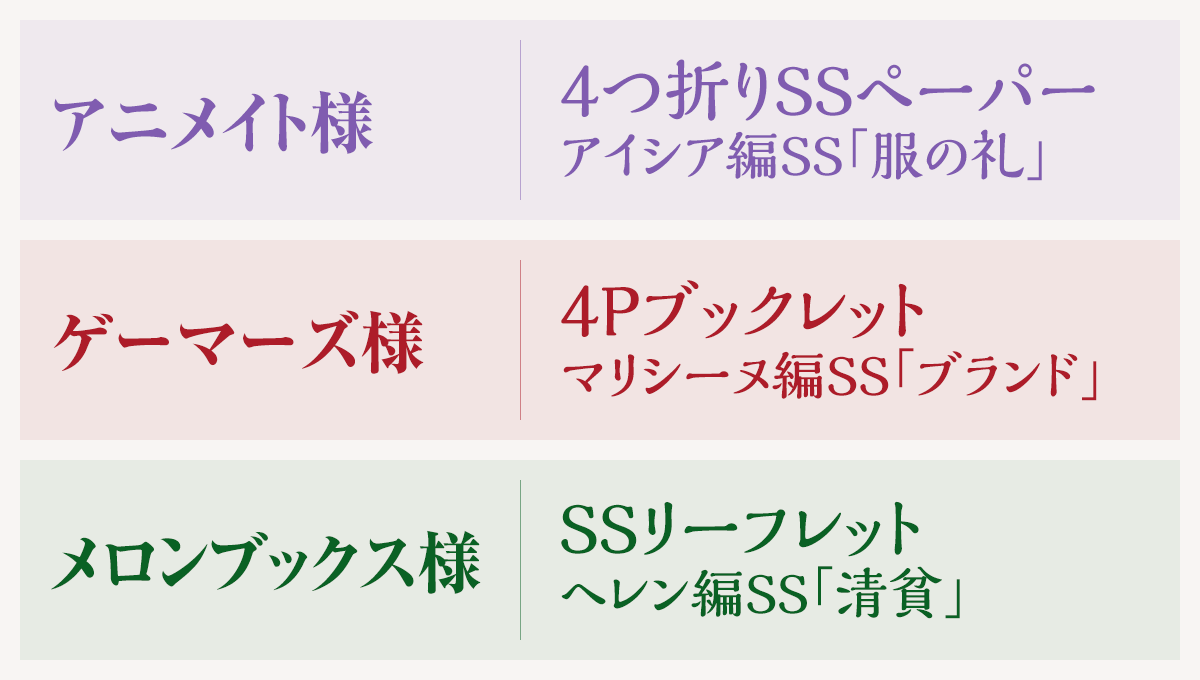 【アニメイト様】4つ折りSSペーパー（アイシア編SS「服の礼」）【ゲーマーズ様】4Pブックレット（マリシーヌ編SS「ブランド」）【メロンブックス様】SSリーフレット（ヘレン編SS「清貧」）