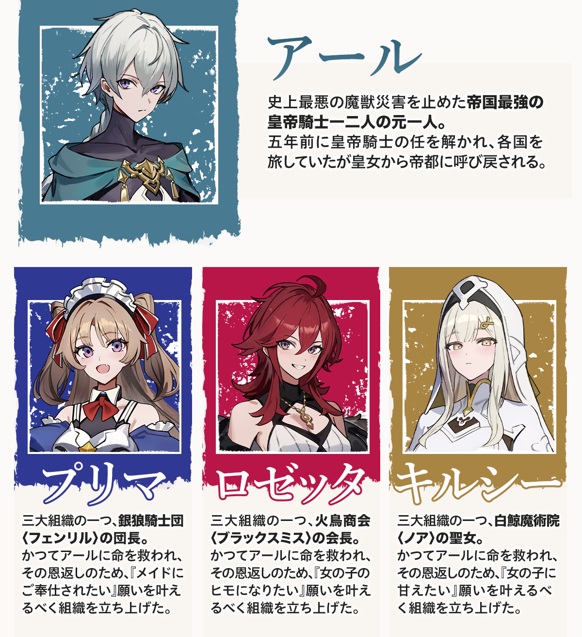 『引退した皇帝騎士、帝国三大組織の主となる』キャラクター：『アール』史上最悪の魔獣災害を止めた帝国最強の皇帝騎士一二人の元一人。五年前に皇帝騎士の任を解かれ、各国を旅していたが皇女から帝都に呼び戻される。『プリマ』三大組織の一つ、銀狼騎士団〈フェンリル〉の団長。かつてアールに命を救われ、その恩返しのため、『メイドにご奉仕されたい』願いを叶えるべく組織を立ち上げた。『ロゼッタ』三大組織の一つ、火鳥商会〈ブラックスミス〉の会長。かつてアールに命を救われ、その恩返しのため、『女の子のヒモになりたい』願いを叶えるべく組織を立ち上げた。『キルシー』三大組織の一つ、白鯨魔術院〈ノア〉の聖女。かつてアールに命を救われ、その恩返しのため、『女の子に甘えたい』願いを叶えるべく組織を立ち上げた。