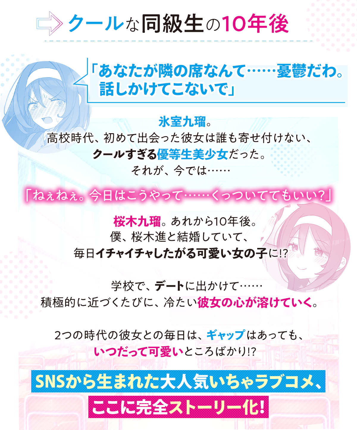 『クールな同級生の10年後 あらすじ』「あなたが隣の席なんて……憂鬱だわ。話しかけてこないで」氷室九瑠。高校時代、初めて出会った彼女は誰も寄せ付けない、クールすぎる優等生美少女だった。それが、今では……「ねぇねぇ。今日はこうやって……くっついててもいい？」桜木九瑠。あれから10年後。僕、桜木進と結婚していて、毎日イチャイチャしたがる可愛い女の子に!?学校で、デートに出かけて……積極的に近づくたびに、冷たい彼女の心が溶けていく。2つの時代の彼女との毎日は、ギャップはあっても、いつだって可愛いところばかり!?　SNSから生まれた大人気いちゃラブコメ、ここに完全ストーリー化！