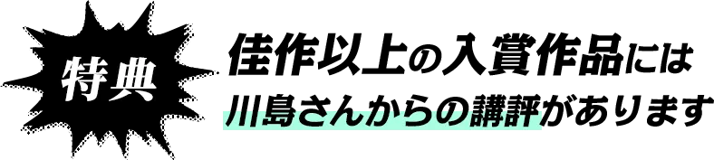 特典 佳作以上の入賞作品には川島さんからの講評があります。