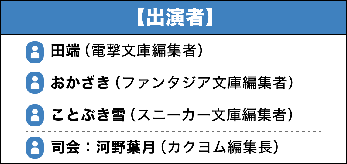 【出演者】田端（電撃文庫編集者）/おかざき（ファンタジア文庫編集者）/ことぶき雪（スニーカー文庫編集者）/司会：河野葉月（カクヨム編集長）