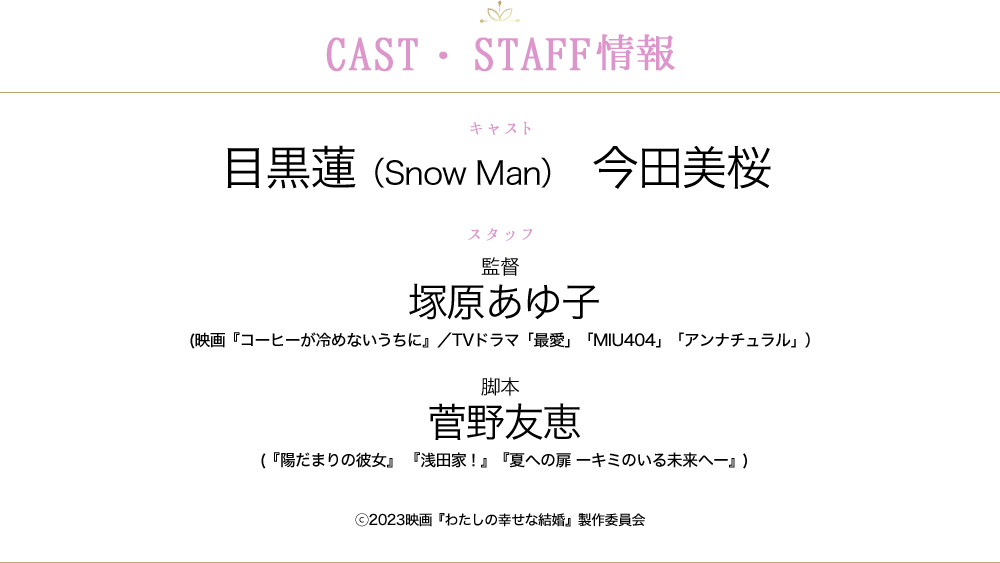 監督：塚原あゆ子(映画『コーヒーが冷めないうちに』／TVドラマ「最愛」「MIU404」「アンナチュラル」）脚本：菅野友恵(『陽だまりの彼女』 『浅田家！』『夏への扉 ーキミのいる未来へー』)ⓒ2023映画『わたしの幸せな結婚』製作委員会