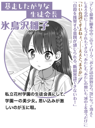暴走したがりな生徒会長 氷鳥沢雛子「そして最後に脚本中のこのモノローグ、『おとぎ話の世界なら、泡になって消えてしまえるのに……もうそれもできない。あたしも、あたしの想いも、波の上を漂うだけ』」「いい台詞ですよねぇ、……ええと、まさか」「自殺を推奨する意図が感じられる。断固容認できないわ！」私立花村学園の生徒会長にして、学園一の美少女。思い込みが激しいのが玉に瑕。