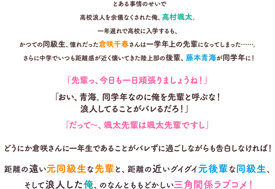 とある事情のせいで高校浪人を余儀なくされた俺、高村颯太。一年遅れで高校に入学するも、かつての同級生、憧れだった倉咲千春さんは一学年上の先輩になってしまった……。さらに中学でいつも距離感が近く懐いてきた陸上部の後輩、藤本青海が同学年に！「先輩っ、今日も一日頑張りましょうね！」「おい、青海。同学年なのに俺を先輩と呼ぶな！　浪人してることがバレるだろ！」「だって〜、颯太先輩は颯太先輩ですし」どうにか倉咲さんに一年生であることがバレずに過ごしながらも告白しなければ！距離の遠い元同級生な先輩と、距離の近いグイグイ元後輩な同級生、そして浪人した俺、のなんとももどかしい三角関係ラブコメ！
