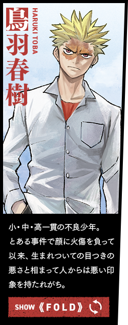 鳥羽春樹 小・中・高一貫の不良少年。とある事件で顔に火傷を負って以来、生まれついての目つきの悪さと相まって人からは悪い印象を持たれがち。
