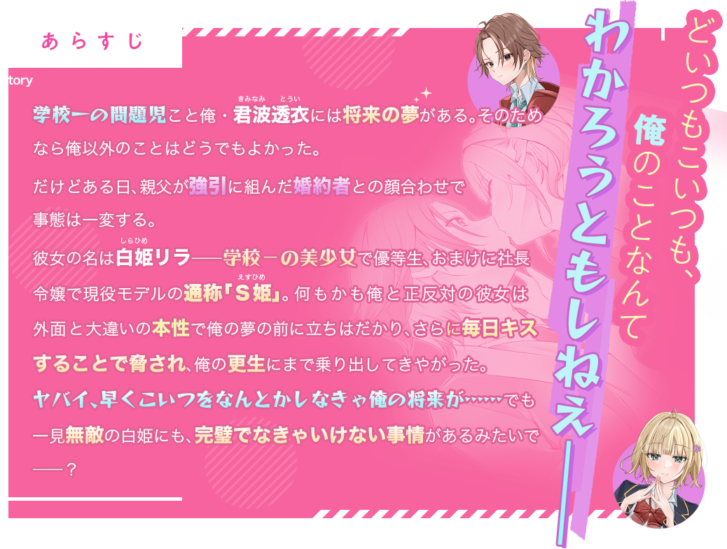 どいつもこいつも、俺のことなんてわかろうともしねえ――学校一の問題児こと俺・君波透衣（きみなみ・とうい）には将来の夢がある。そのためなら俺以外のことはどうでもよかった。だけどある日、親父が強引に組んだ婚約者との顔合わせで事態は一変する。彼女の名は白姫リラ――学校一の美少女で優等生、おまけに社長令嬢で現役モデルの通称「Ｓ姫」。何もかも俺と正反対の彼女は外面と大違いの本性で俺の夢の前に立ちはだかり、さらに毎日キスすることで脅され、俺の更生にまで乗り出してきやがった。ヤバイ、早くこいつをなんとかしなきゃ俺の将来が……でも一見無敵の白姫にも、完璧でなきゃいけない事情があるみたいで――？