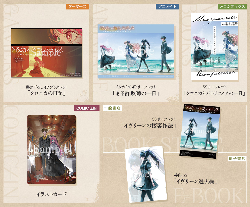 ゲーマーズ：書き下ろし4Pブックレット「クロニカの日記」/アニメイト：A6サイズ 4Pリーフレット「ある詐欺師の一日」/メロンブックス：SSリーフレット「クロニカとパトリツィアの一日」/コミックジン：イラストカード/一般書店：SSリーフレット「イヴリーンの接客作法」 特典SS「イヴリーン過去編」
