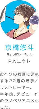 京橋悠斗 きょうばし ゆうと P.Nユウト おヘソの描画に偏執する22歳の若手イラストレーター。半年前、デビュー作のラノベがアニメ化した。