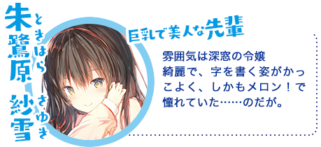 朱鷺原 紗雪(ときはら さゆき)雰囲気は深窓の令嬢綺麗で、字を書く姿がかっこよく、しかもメロン!で憧れていた……のだが。