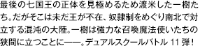 最後の七国王の正体を見極めるため渡米した一樹たち。だがそこは未だ王が不在、奴隷制をめぐり南北で対立する混沌の大陸。一樹は強力な召喚魔法使いたちの狭間に立つことに――。デュアルスクールバトル11弾！