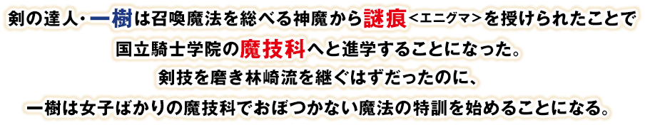剣の達人・一樹は召喚魔法を総べる神魔から謎痕＜エニグマ＞を授けられたことで国立騎士学院の魔技科へと進学することになった。剣技を磨き林崎流を継ぐはずだったのに、一樹は女子ばかりの魔技科でおぼつかない魔法の特訓を始めることになる。