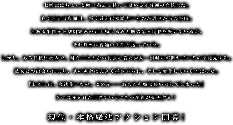 七瀬武はちょっと暗い過去を持ってはいるが普通の高校生だ。良く言えば真面目、悪く言えば根暗というのが周囲からの評価。とある事情から幼馴染みの五十島くるみと嘘の恋人関係を築いているが、それ以外は普通の生活を送っていた。しかし、ある日彼は校内で、見たことのない制服を着た少女・相羽六が倒れているのを発見する。彼女との出会いにより、武の運命は大きく揺さぶられ、そして変化していくのだった。「わたしは、魔法使いなの。ごめん……あなたを魔法使いにしてしまった」２つに分かれた世界でいくつもの精神が交差する！現代・本格魔法アクション開幕！