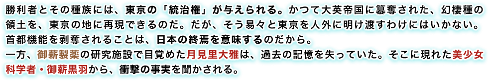 勝利者とその種族には、東京の「統治権」が与えられる。かつて大英帝国に簒奪された、幻棲種の領土を、東京の地に再現できるのだ。だが、そう易々と東京を人外に明け渡すわけにはいかない。首都機能を剥奪されることは、日本の終焉を意味するのだから。一方、御薪製薬の研究施設で目覚めた月見里大雅は、過去の記憶を失っていた。そこに現れた美少女科学者・御薪黒羽から、衝撃の事実を聞かされる。