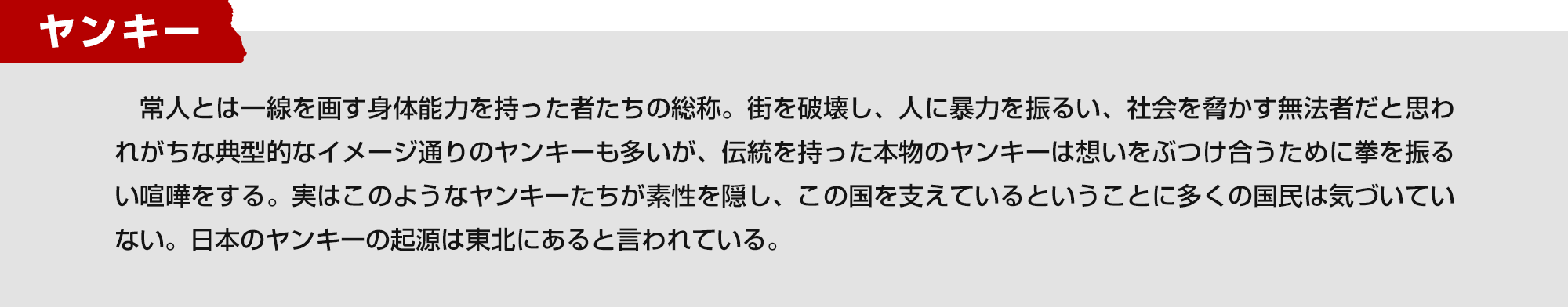 ヤンキー　常人とは一線を画す身体能力を持った者たちの総称。街を破壊し、人に暴力を振るい、社会を脅かす無法者だと思われがちな典型的なイメージ通りのヤンキーも多いが、伝統を持った本物のヤンキーは想いをぶつけ合うために拳を振るい喧嘩をする。実はこのようなヤンキーたちが素性を隠し、この国を支えているということに多くの国民は気づいていない。日本のヤンキーの起源は東北にあると言われている。