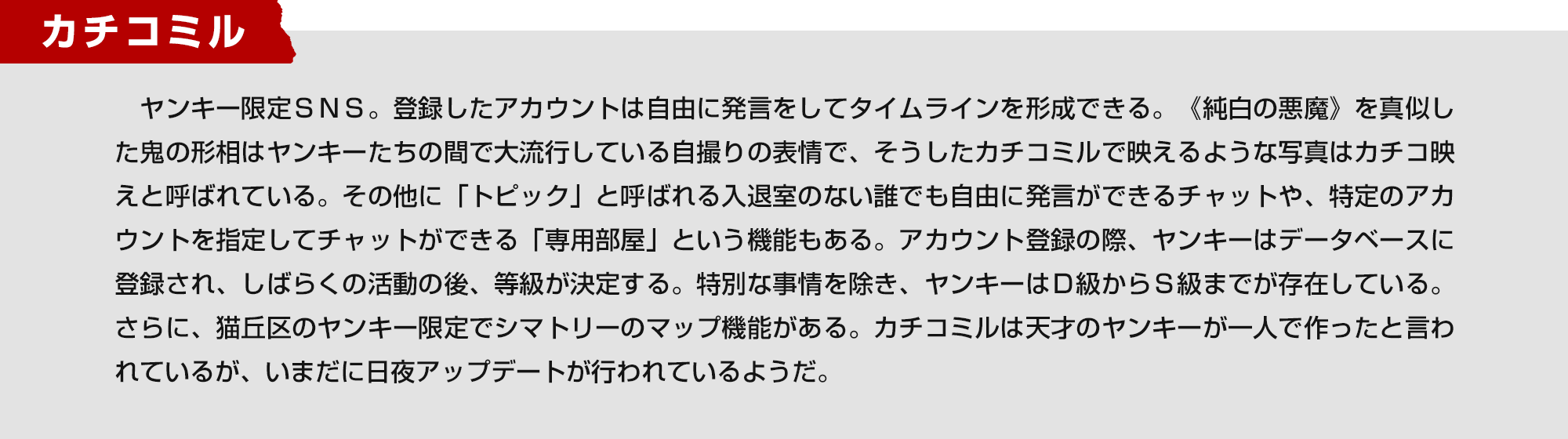 カチコミル　ヤンキー限定ＳＮＳ。登録したアカウントは自由に発言をしてタイムラインを形成できる。《純白の悪魔》を真似した鬼の形相はヤンキーたちの間で大流行している自撮りの表情で、そうしたカチコミルで映えるような写真はカチコ映えと呼ばれている。その他に「トピック」と呼ばれる入退室のない誰でも自由に発言ができるチャットや、特定のアカウントを指定してチャットができる「専用部屋」という機能もある。アカウント登録の際、ヤンキーはデータベースに登録され、しばらくの活動の後、等級が決定する。特別な事情を除き、ヤンキーはＤ級からＳ級までが存在している。さらに、猫丘区のヤンキー限定でシマトリーのマップ機能がある。カチコミルは天才のヤンキーが一人で作ったと言われているが、いまだに日夜アップデートが行われているようだ。