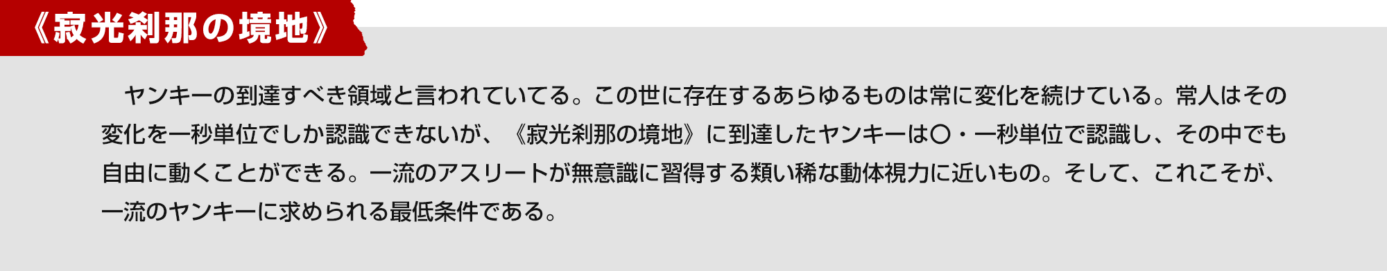 《寂光刹那の境地》　ヤンキーの到達すべき領域と言われていてる。この世に存在するあらゆるものは常に変化を続けている。常人はその変化を一秒単位でしか認識できないが、《寂光刹那の境地》に到達したヤンキーは〇・一秒単位で認識し、その中でも自由に動くことができる。一流のアスリートが無意識に習得する類い稀な動体視力に近いもの。そして、これこそが、一流のヤンキーに求められる最低条件である。