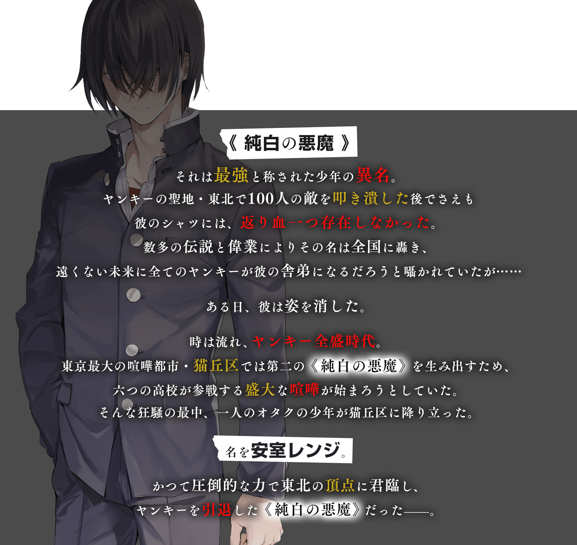 《純白の悪魔》それは最強と称された少年の異名。 ヤンキーの聖地・東北で100人の敵を叩き潰した後でさえも彼のシャツには、返り血一つ存在しなかった。 数多の伝説と偉業によりその名は全国に轟き、遠くない未来に全てのヤンキーが彼の舎弟になるだろうと囁かれていたが…… ある日、彼は姿を消した。 時は流れ、ヤンキー全盛時代。 東京最大の喧嘩都市・猫丘区では第二の《純白の悪魔》を生み出すため、六つの高校が参戦する盛大な喧嘩が始まろうとしていた。 そんな狂騒の最中、一人のオタクの少年が猫丘区に降り立った。 名を安室レンジ。 かつて圧倒的な力で東北の頂点に君臨し、ヤンキーを引退した《純白の悪魔》だった——。