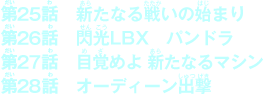 25話「新たなる戦いの始まり」　26話「閃光LBX　パンドラ」　27話「目覚めよ 新たなるマシン」　28話「オーディーン出撃」