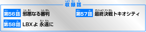 収録話　第56話 邪悪なる審判　第57話 最終決戦トキオシティ　第58話 LBXよ　永遠に収録話　