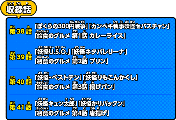 第38話「ぼくらの300円戦争」「カンペキ執事妖怪セバスチャン」「給食のグルメ 第１話 カレーライス」／第39話「妖怪U.S.O.」「妖怪ネタバレリーナ」「給食のグルメ 第２話 プリン」／第40話「妖怪・ベストテン」「妖怪りもこんかくし」「給食のグルメ 第３話 揚げパン」／第41話「妖怪キュン太郎」「妖怪かりパックン」「給食のグルメ 第４話 唐揚げ」