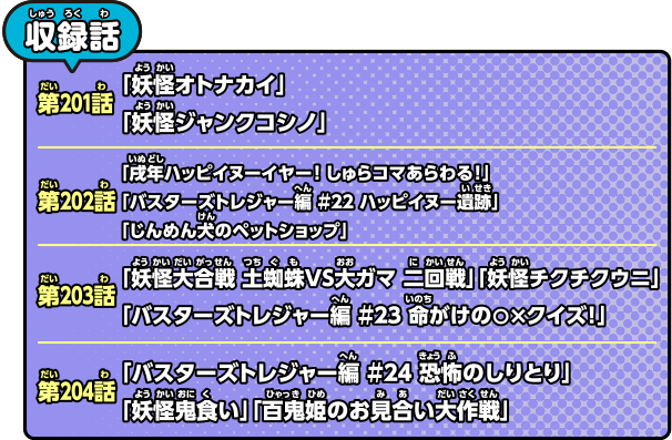 収録話 第201話「妖怪オトナカイ」「妖怪ジャンクコシノ」／第202話「戌年ハッピイヌーイヤー！　しゅらコマあらわる！」「バスターズトレジャー編　#22　ハッピイヌー遺跡」「じんめん犬のペットショップ」／第203話「妖怪大合戦　土蜘蛛VS大ガマ　二回戦」「妖怪チクチクウニ」「バスターズトレジャー編　#23　命がけの○×クイズ！」／第204話「バスターズトレジャー編　#24　恐怖のしりとり」「妖怪鬼食い」「百鬼姫のお見合い大作戦」