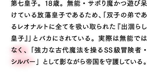 第七皇子。18歳。無能・サボり魔かつ遊び呆けている放蕩皇子であるため、「双子の弟であるレオナルトに全てを吸い取られた『出涸らし皇子』」とバカにされている。実際は無能ではなく、「強力な古代魔法を操るSS級冒険者・シルバー」として影ながら帝国を守護している。